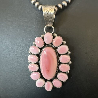 Navajo Pearls Pink Conch Necklace with Multi-Stone Cluster Pendant | Authentic Native American Handmade | 16063