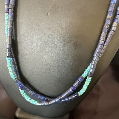 Navajo Blue Turquoise Lapis Necklace | Sterling Silver | 22" | Authentic Native American Handmade | 17554