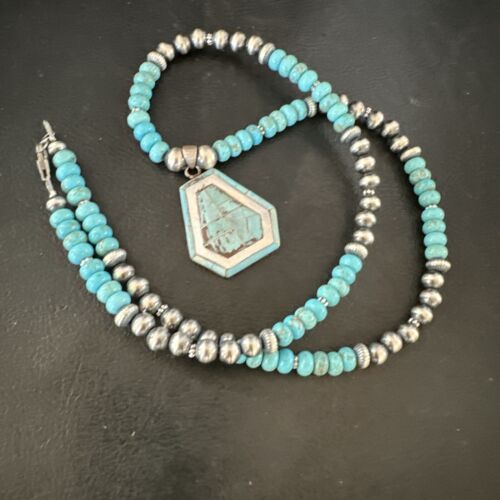 Navajo Turquoise Inlay Pendant Necklace | Sterling Silver | Authentic Native American Handmade | 17078