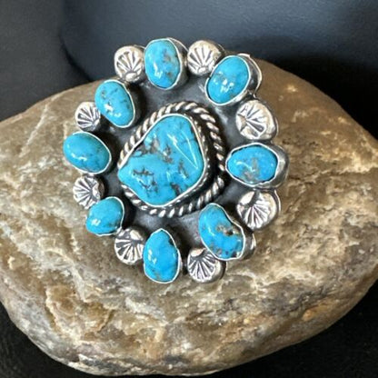 Navajo Blue Kingman Turquoise Cluster Ring | Authentic Native American Sterling Silver | Multi-Stone | Sz 10.5 | 17423
