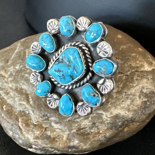 Navajo Blue Kingman Turquoise Cluster Ring | Authentic Native American Sterling Silver | Multi-Stone | Sz 10.5 | 17423