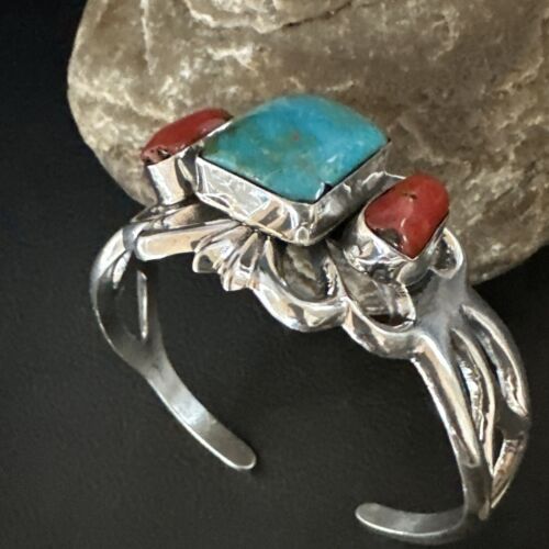 Kingman Turquoise Coral Cuff Bracelet | Navajo Tufa Cast | Sterling Silver | Authentic Native American Handmade | 16779