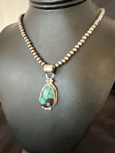Navajo Blue Spiderweb Turquoise Pendant Necklace | Sterling Silver | Authentic Native American Handmade | 17117