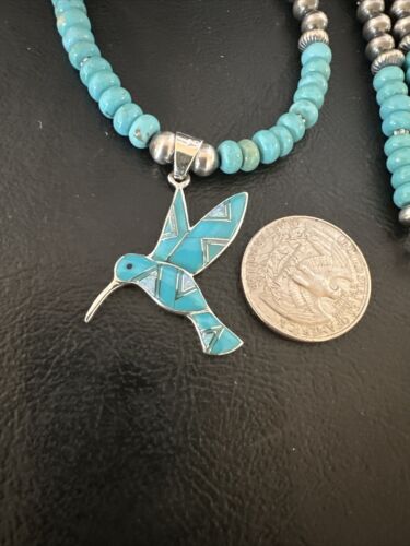 Navajo Turquoise Opal Hummingbird Inlay Pendant | Sterling Silver Necklace | Authentic Native American Handmade | 16844
