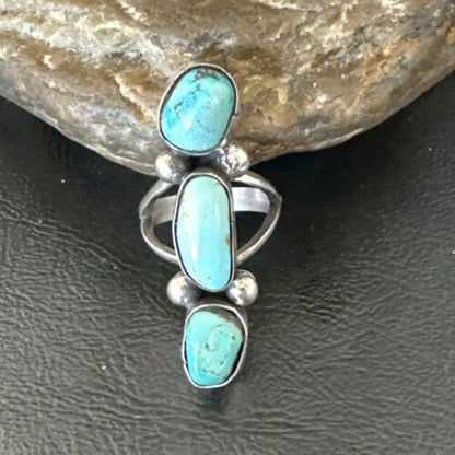 Navajo Blue Turquoise Cluster Ring | Authentic Native American Sterling Silver | Multi-Stone | Sz 7 | 17841