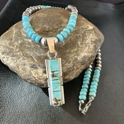Men's and Women's Turquoise #8 Inlay Pendant Necklace | Navajo Sterling Silver | Authentic Native American Handmade | 17058
