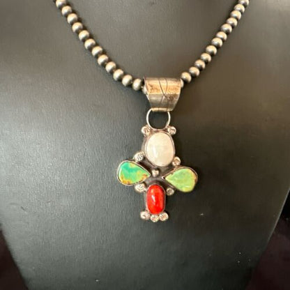 Navajo Green White Turquoise | Coral Pendant Necklace | Sterling Silver | Native American Handmade | 16831