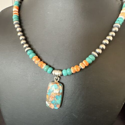 Navajo Spiny Turquoise Pendant Necklace | Sterling Silver | 21" | Authentic Native American Handmade | 17515