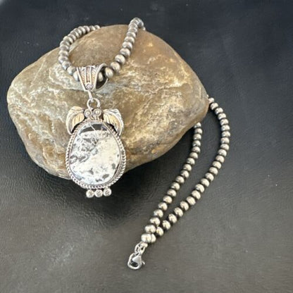 Navajo White Buffalo Turquoise Pendant Necklace | Sterling Silver | Authentic Native American Handmade | 17524