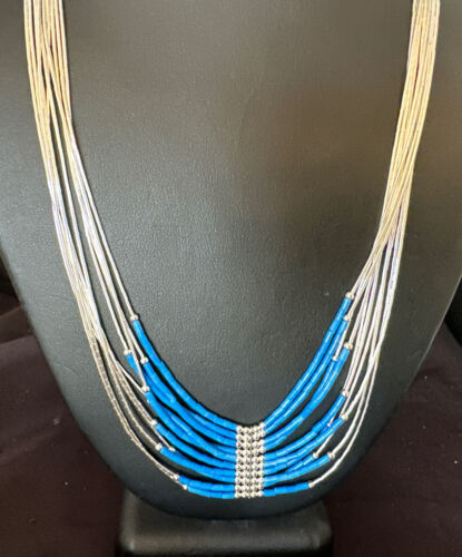 Navajo Denim Lapis Heishi Necklace | 10 Strand Sterling Liquid Silver Tube | 22" | 16319
