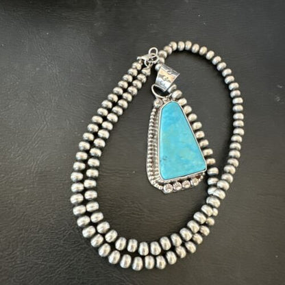 Navajo Pearls Kingman Turquoise Pendant Necklace | Sterling Silver | Authentic Native American Handmade | 17132