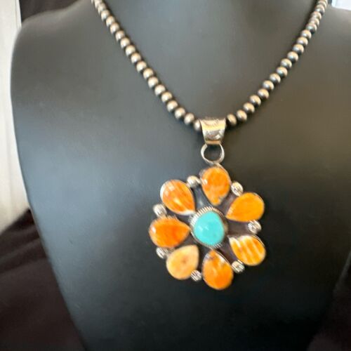 Navajo Blue Turquoise | Spiny Oyster Pendant Necklace | Sterling Silver | Multi-Stone | 16862