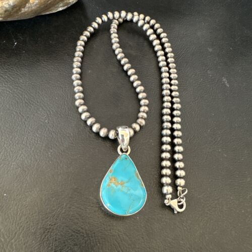 Navajo Blue Kingman Turquoise Pendant Necklace | Sterling Silver | 20" | Authentic Native American Handmade | 16674