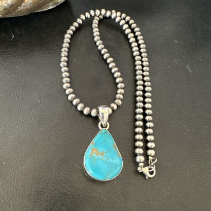 Navajo Blue Kingman Turquoise Pendant Necklace | Sterling Silver | 20" | Authentic Native American Handmade | 16674