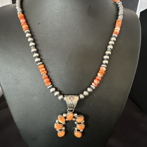 Navajo Pearls Orange Spiny Oyster Naja Pendant | Sterling Silver Necklace | Authentic Native American Handmade | 16804