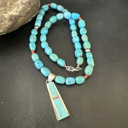 Navajo Blue Turquoise Inlay Pendant Necklace | Sterling Silver | 19" | Authentic Native American Handmade | 17491