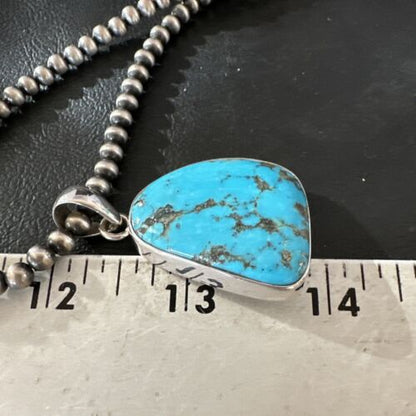 Navajo Blue Kingman Turquoise Pendant with Pearls | Sterling Silver Necklace | 20" | 17008