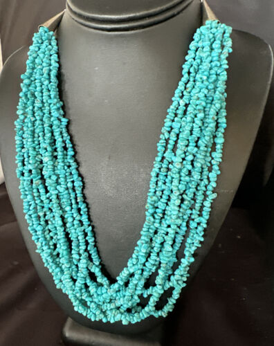 Blue Turquoise Nugget Bead Necklace | 10 Strand | Navajo Sterling Silver | 22" | 15030