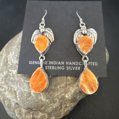 Navajo Orange Spiny Oyster Dangle Earrings | Sterling Silver | 1.5" | Authentic Native American Handmade | 16570