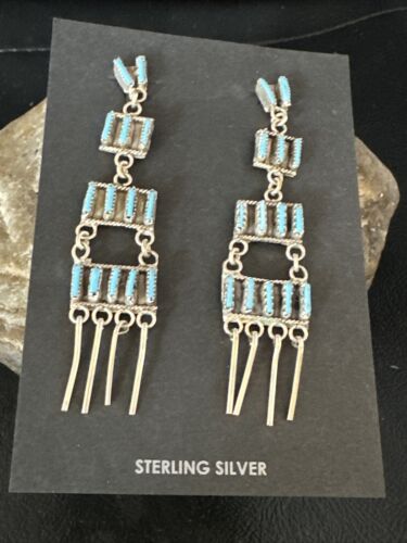 Zuni Kingman Turquoise Needle Point Dangle Earrings | Sterling Silver | 4 Tier | 14872