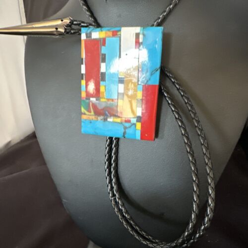 Men's Turquoise Orange Spiny Oyster Bolo Tie | Santo Domingo | Sterling Silver | 15500