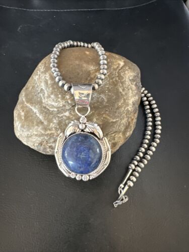 Men's Denim Lapis Lazuli Pendant Necklace | Navajo Beads | Sterling Silver | Authentic Native American Handmade | 14884