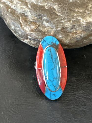 Native American Navajo Blue Turquoise Spiny Oyster Inlay Band Ring | Sz 9 | 16431