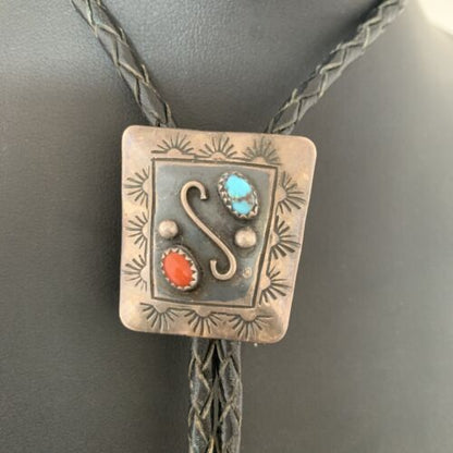 Navajo Turquoise Coral Bolo Tie | Sterling Silver | Authentic Native American Handmade | 02003 Bolo