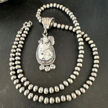 Navajo White Buffalo Turquoise Pendant Necklace | Sterling Silver | Authentic Native American Handmade | 17514