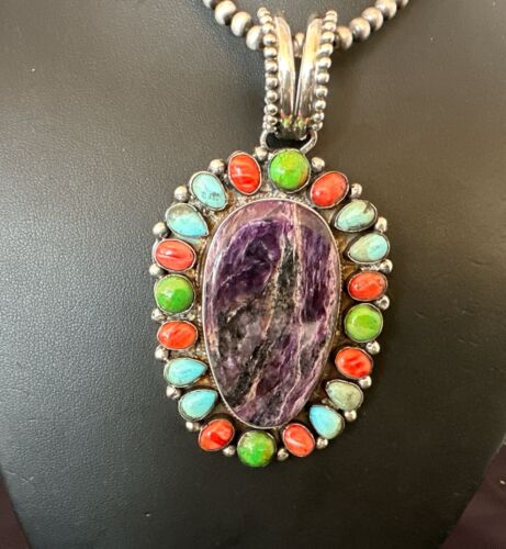 Navajo Purple Charoite Spiny Turquoise Pendant Necklace | Sterling Silver | Multi-Stone | 17146