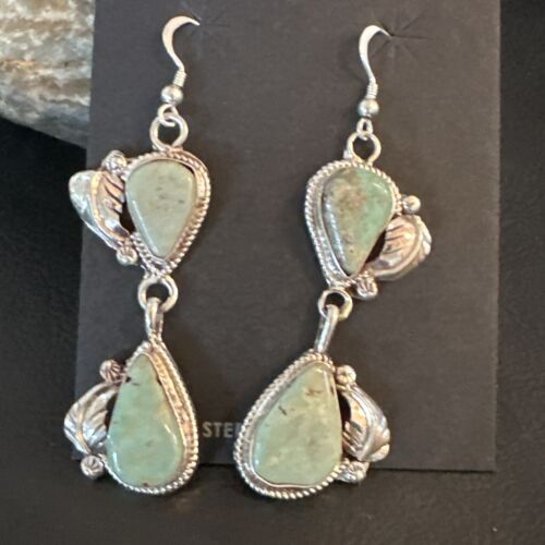 Navajo Green Royston Turquoise Dangle Earrings | Sterling Silver | Authentic Native American Handmade | 16838