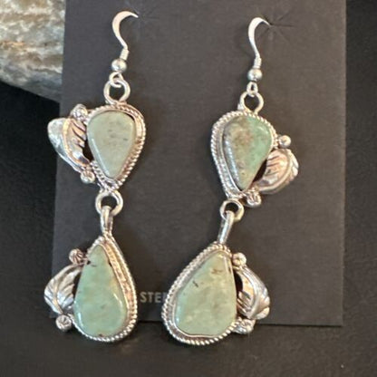Navajo Green Royston Turquoise Dangle Earrings | Sterling Silver | Authentic Native American Handmade | 16838