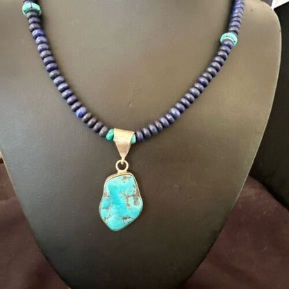 Navajo Lapis Turquoise Pendant Necklace | Sterling Silver | Authentic Native American Handmade | 17434