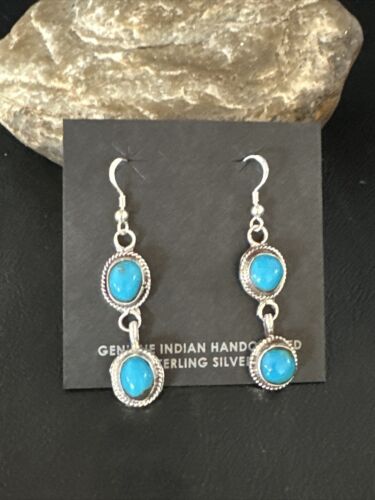 Kingman Turquoise Dangle Earrings | Navajo Sterling Silver | Authentic Native American Handmade | 14869