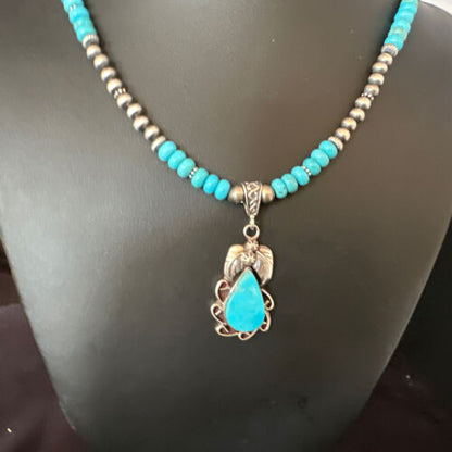 Navajo Blue Turquoise Pendant with Pearls | Sterling Silver Necklace | Authentic Native American Handmade | 15419