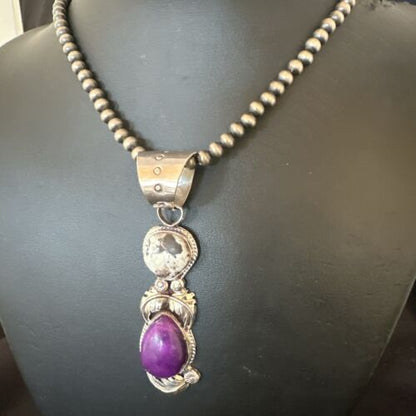White Buffalo Turquoise & Sugilite Pendant | Navajo Pearls | Sterling Silver | Native American Handmade | 16871