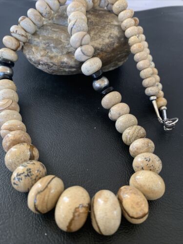 Native American Women's Graduated Picture Jasper & Onyx Necklace | Sterling Silver 26" | 1767