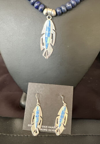 Navajo Opal Feather Multi-Color Lapis Pendant Necklace & Earring Set | Sterling Silver | Authentic Native American Handmade | 15031