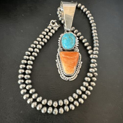 Navajo Blue Kingman Turquoise Spiny Pendant Necklace | Sterling Silver | Multi-Stone | 16825