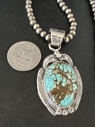 Navajo Pearls Sterling Silver Necklace with Blue Turquoise #8 Pendant | Authentic Native American Handmade | 14859
