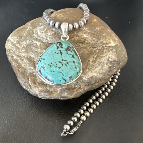 Men's Navajo Blue Spiderweb Turquoise Pendant Necklace | Sterling Silver | Authentic Native American Handmade | 16229