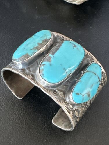 XL Men's Kingman Blue Turquoise 3 Stone Cuff Bracelet | Navajo Sterling Silver | 15857
