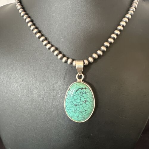 Navajo Blue Spiderweb Turquoise Pendant Necklace | Sterling Silver | Authentic Native American Handmade | 16292