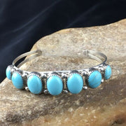 Navajo Sterling Silver Bracelet | Kingman Turquoise | Multi-Stone 7-Stone | Authentic Native American Handmade