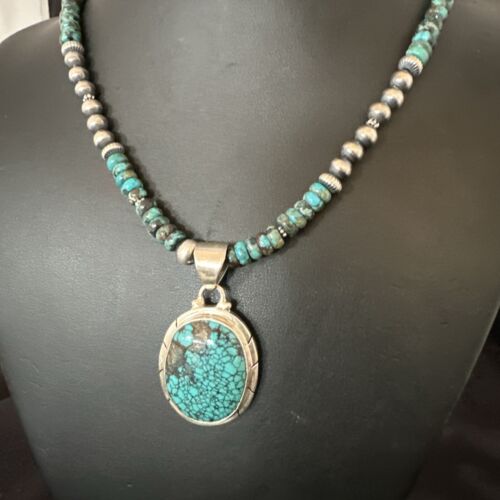 Men's Blue Spiderweb Turquoise Pendant Necklace | Navajo Sterling Silver | Authentic Native American Handmade | 17084