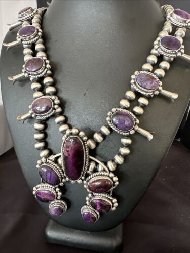 Navajo Purple Sugilite Squash Blossom Naja Pendant | Sterling Silver | Native American Handmade | 17206