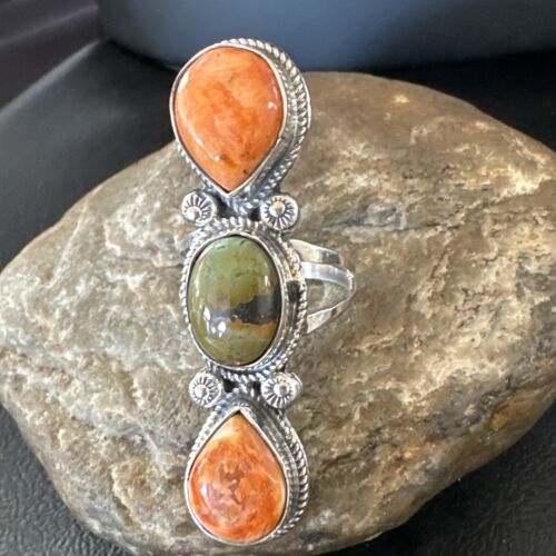 Navajo Green Turquoise Spiny Oyster Multi-Stone Ring | Authentic Native American Sterling Silver | Sz 10 | 16714