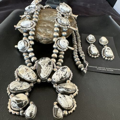 Navajo White Buffalo Turquoise Pendant | Sterling Silver Naja Squash Blossom Necklace | 17442