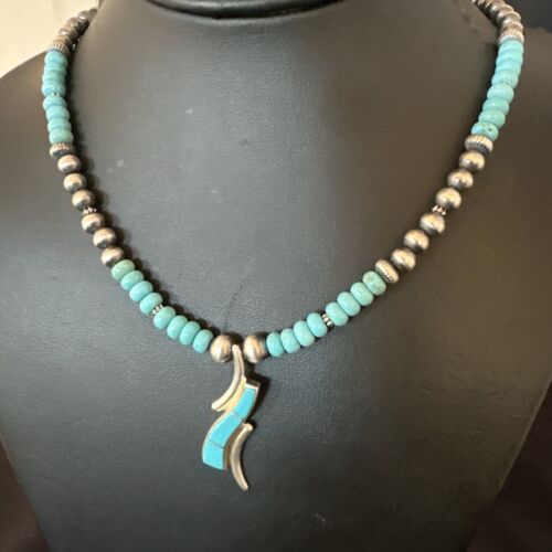 Navajo Blue Kingman Turquoise Inlay Pendant Necklace | Sterling Silver | 21" | Authentic Native American Handmade | 16931