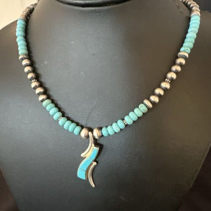 Navajo Blue Kingman Turquoise Inlay Pendant Necklace | Sterling Silver | 21" | Authentic Native American Handmade | 16931